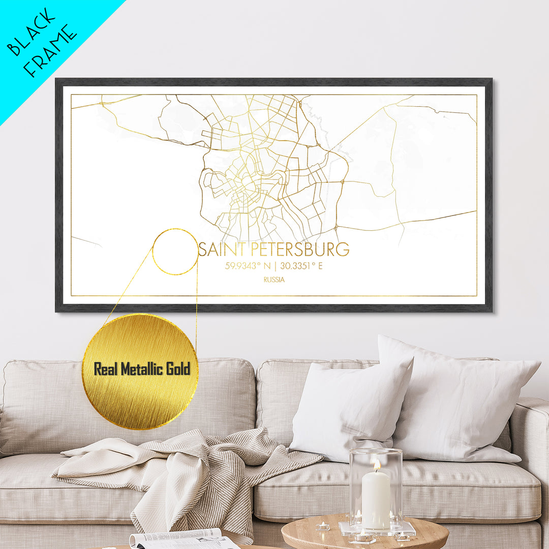 Saint Petersburg Russia City street map, Metallic Gold Print, Metal Art, wood framed map, black and gold, Street Map Art, Real Wood Frames