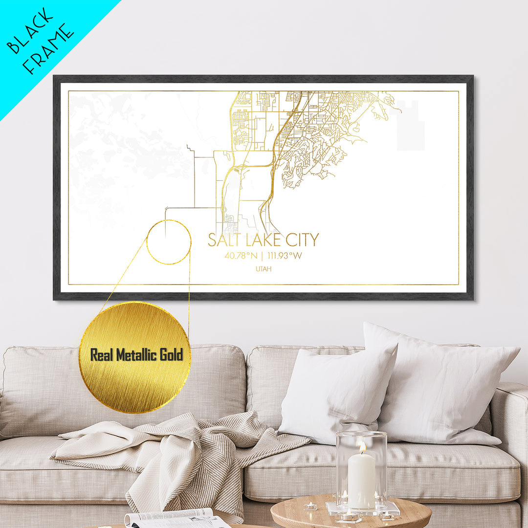 Salt Lake City Utah City street map, Metallic Gold Print, Metal Art, wood framed map, black and gold, Street Map Art, Best Friend Gifts