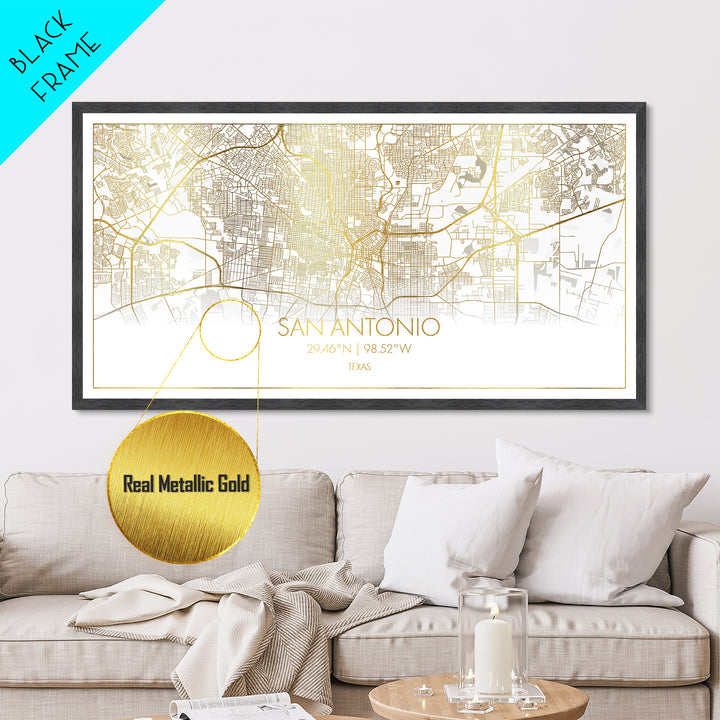 San Antonio Texas City Poster, Metallic Gold Art, Metal Art, real wood frames, black and gold, Street Map Wall Art, College Dorm Décor