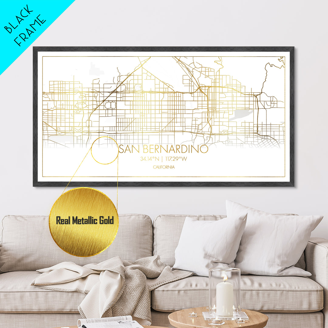 San Bernardino California City street map, Metallic Gold Print, Metal Art, wood framed map, black and gold, Street Map Art, Map Print Poster
