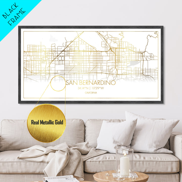 San Bernardino California City street map, Metallic Gold Print, Metal Art, wood framed map, black and gold, Street Map Art, Map Print Poster