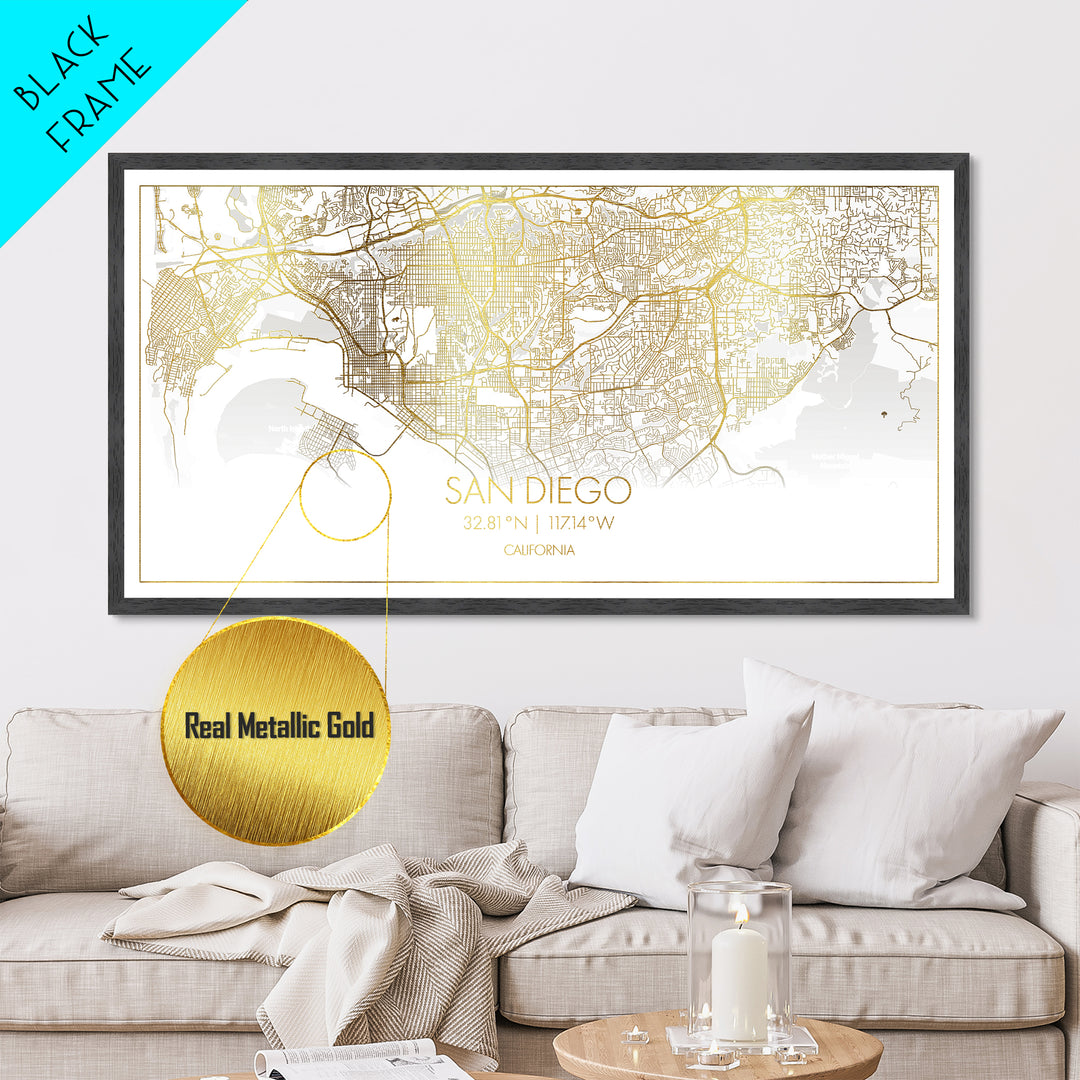 San Diego California City Poster, Metallic Gold Art, Metal Art, real wood frames, black and gold, Street Map Wall Art, Minimalist Wall Art