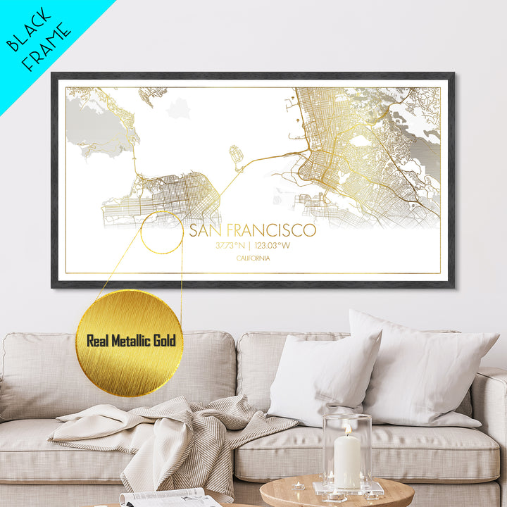 San Francisco California City street map, Metallic Gold Print, Metal Art, wood framed map, black and gold, Street Map Art, Gold Street Map Art