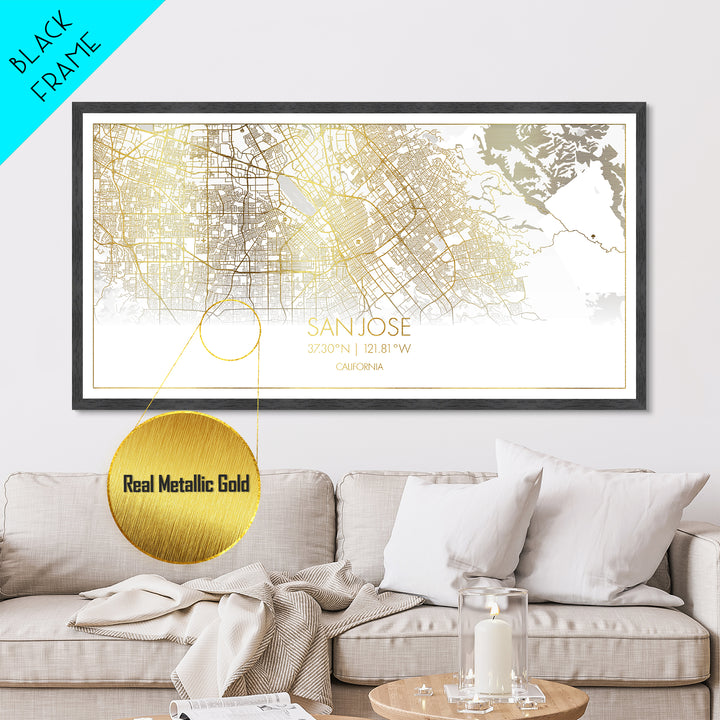 San Jose California City Poster, Metallic Gold Art, Metal Art, real wood frames, black and gold, Street Map Wall Art, Housewarming Gift