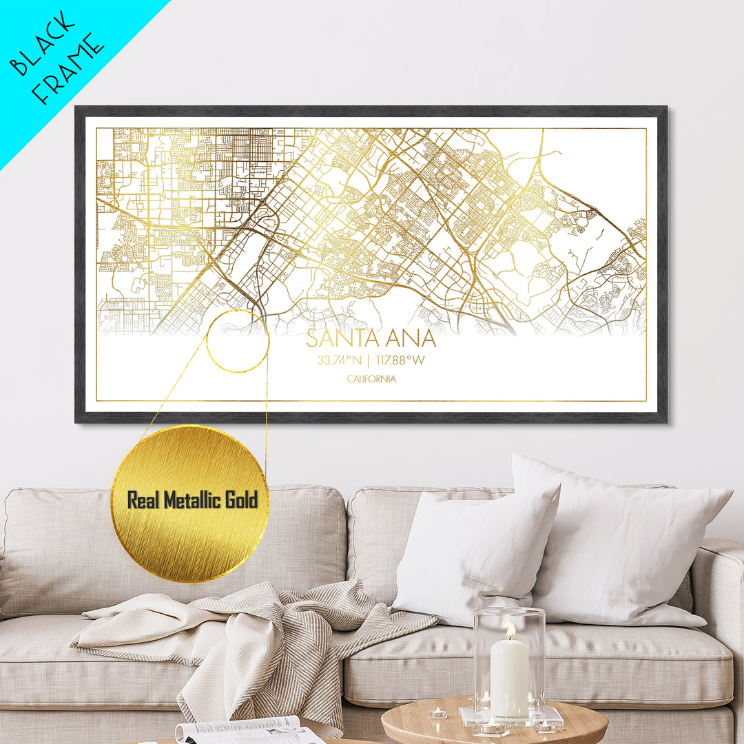 Santa Ana California City street map, Metallic Gold Print, Metal Art, wood framed map, black and gold, Street Map Art, Modern Wall Art