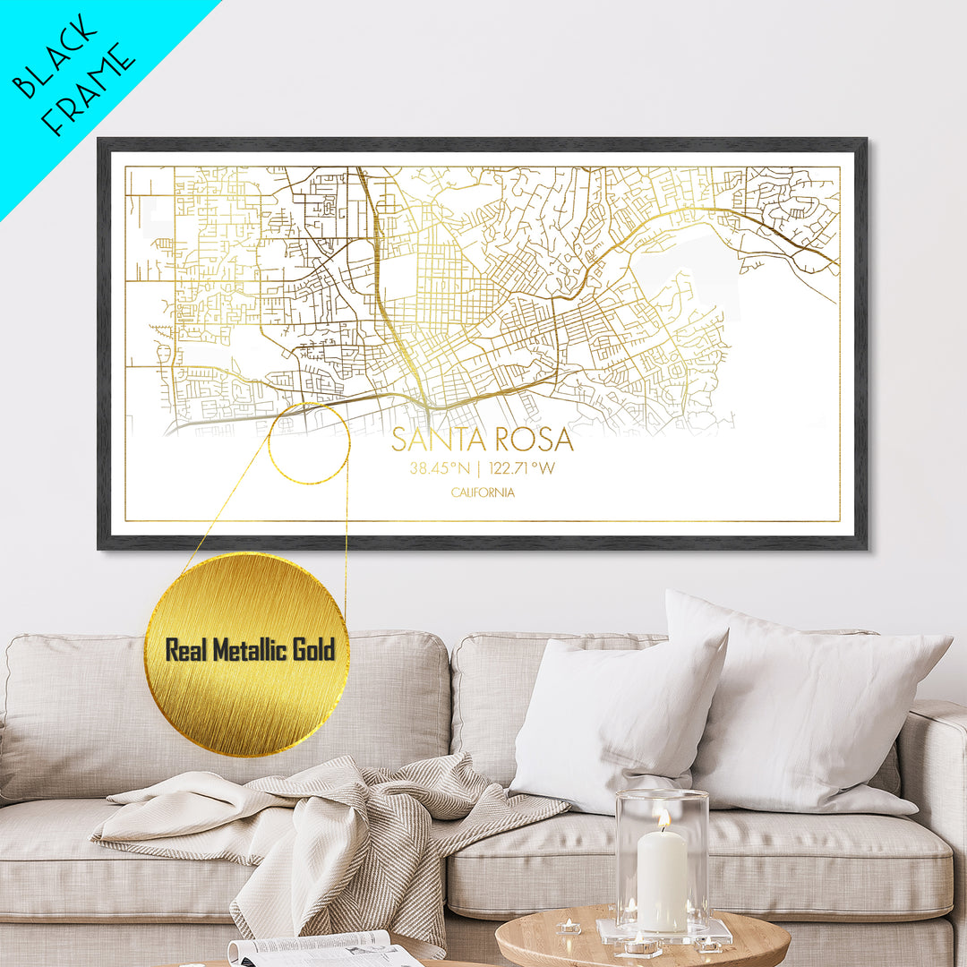 Santa Rosa California City street map, Metallic Gold Print, Metal Art, wood framed map, black and gold, Street Map Art, Minimalist Wall Art