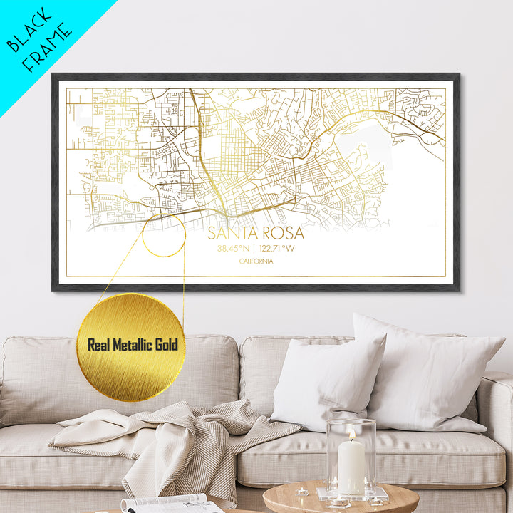 Santa Rosa California City street map, Metallic Gold Print, Metal Art, wood framed map, black and gold, Street Map Art, Minimalist Wall Art