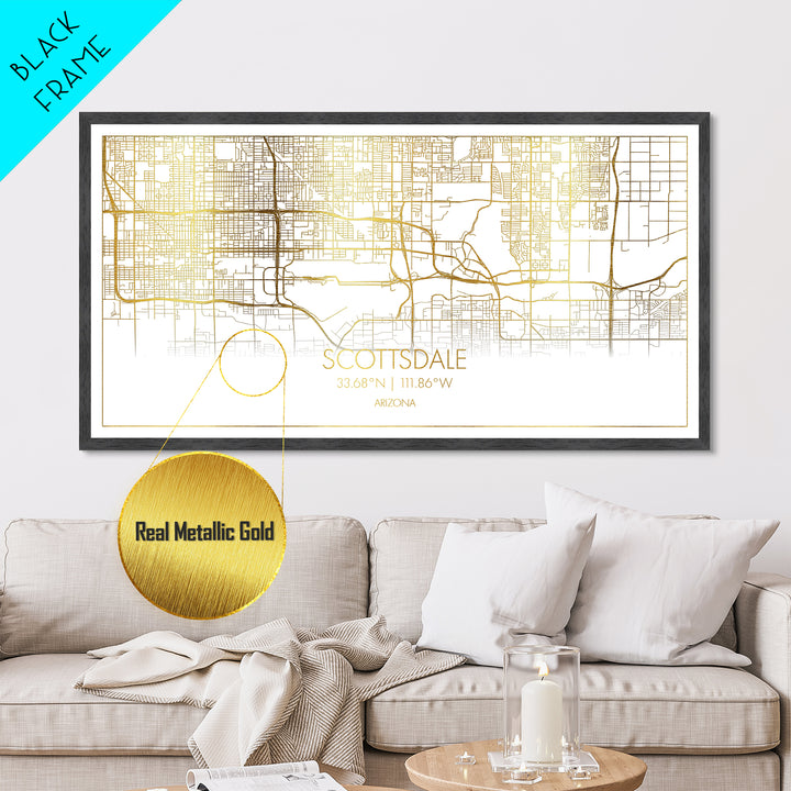Scottsdale Arizona City Poster, Metallic Gold Art, Metal Art, real wood frames, black and gold, Street Map Wall Art, Map Art