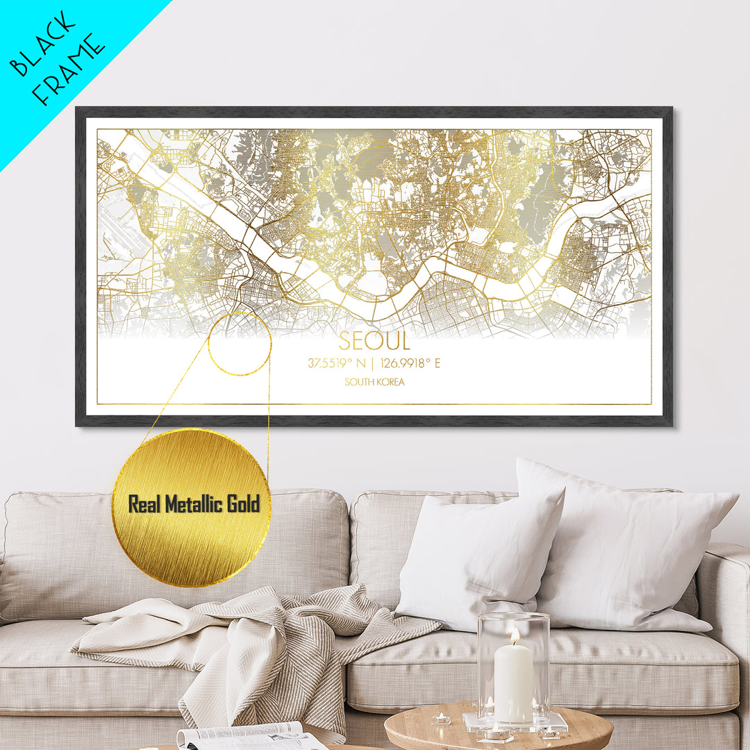 Seoul South Korea City Poster, Metallic Gold Art, Metal Art, real wood frames, black and gold, Street Map Wall Art, Office Decor