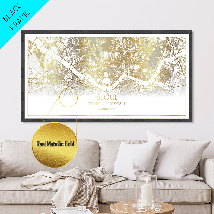 Seoul South Korea City Poster, Metallic Gold Art, Metal Art, real wood frames, black and gold, Street Map Wall Art, Office Decor