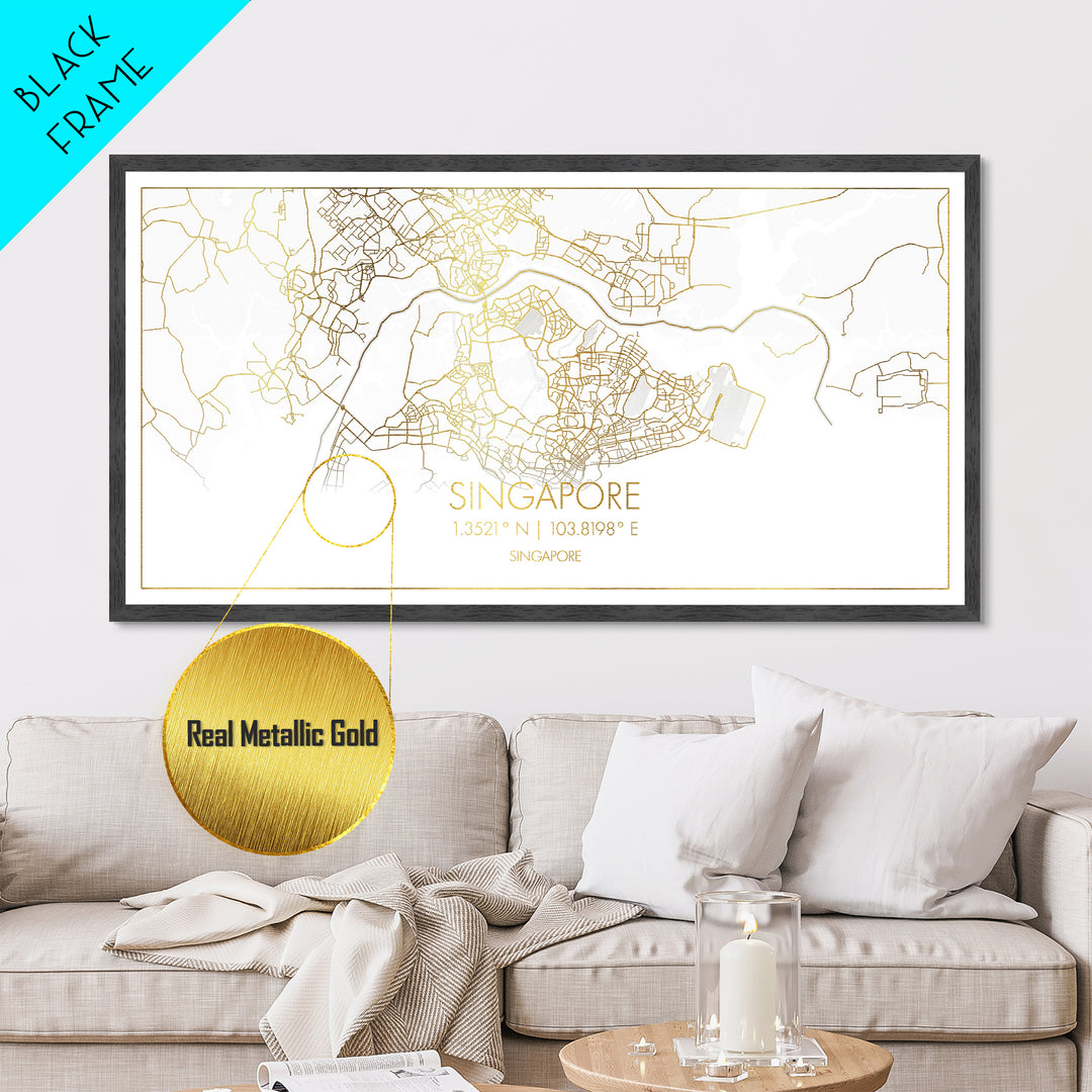 Singapore Singapore City Poster, Metallic Gold Art, Metal Art, real wood frames, black and gold, Street Map Wall Art, Housewarming Gift