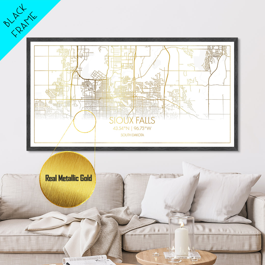 Sioux Falls South Dakota City street map, Metallic Gold Print, Metal Art, wood framed map, black and gold, Street Map Art, Best Friend Gifts