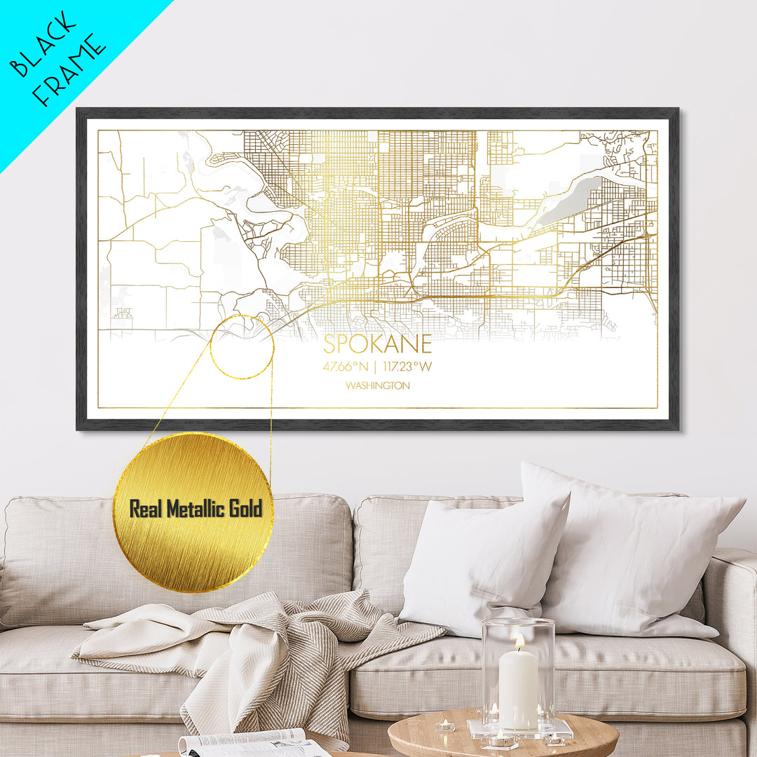 Spokane Washington City street map, Metallic Gold Print, Metal Art, wood framed map, black and gold, Street Map Art, Modern Wall Art