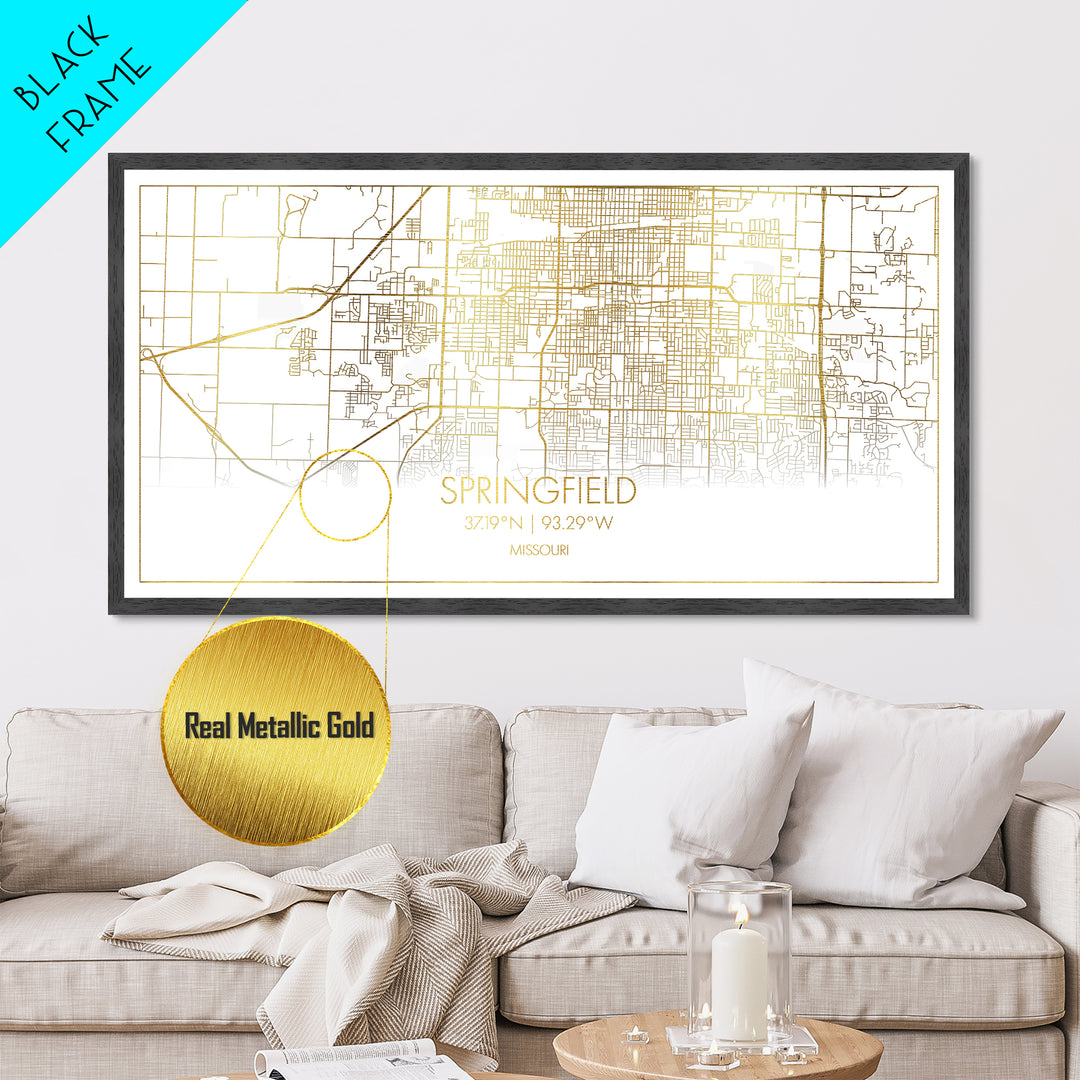 Springfield Missouri City Poster, Metallic Gold Art, Metal Art, real wood frames, black and gold, Street Map Wall Art, Minimalist Wall Art