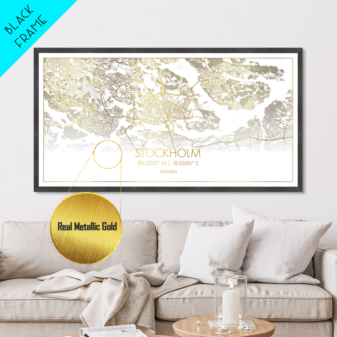 Stockholm Sweden City Poster, Metallic Gold Art, Metal Art, real wood frames, black and gold, Street Map Wall Art, Housewarming Gift