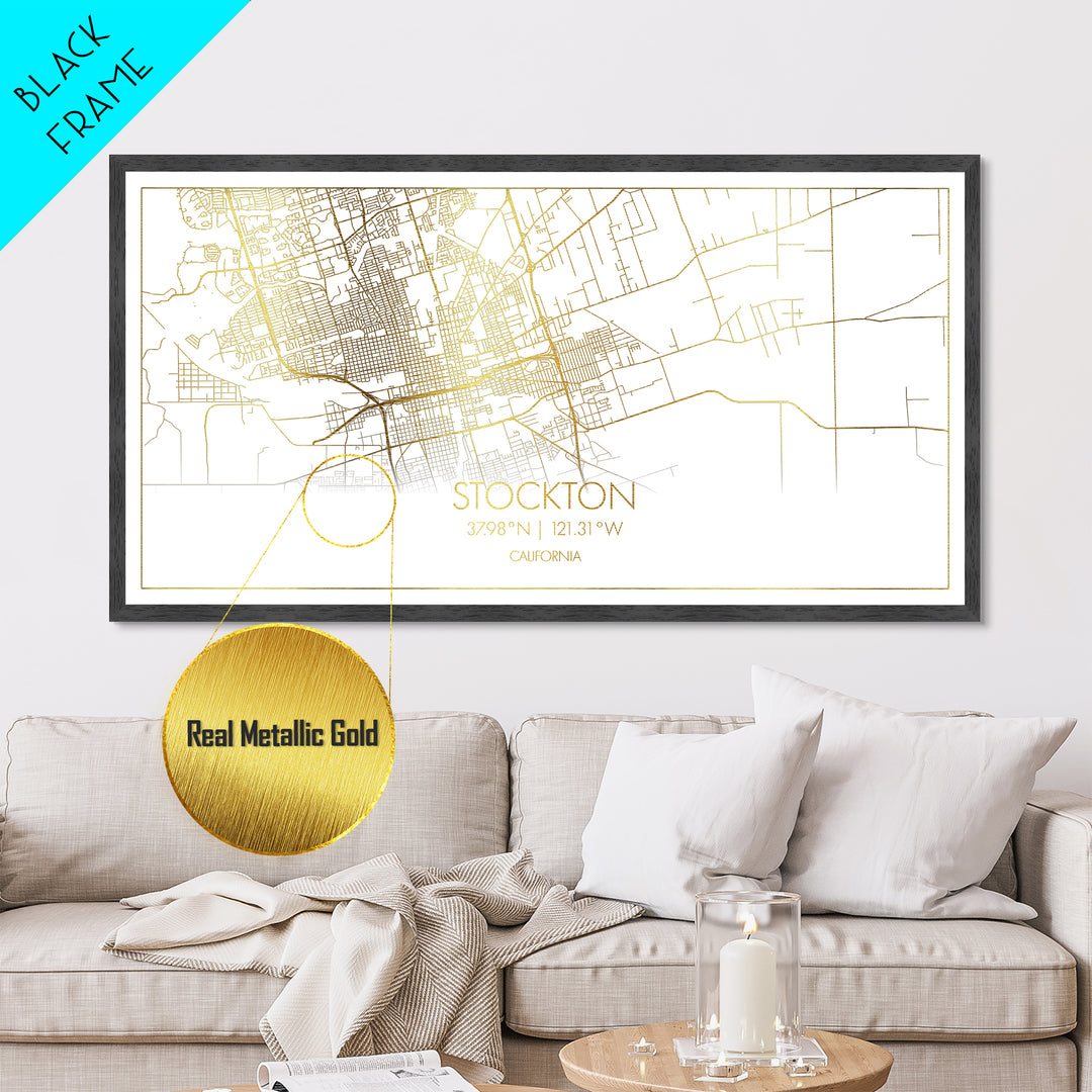 Stockton California City street map, Metallic Gold Print, Metal Art, wood framed map, black and gold, Street Map Art, Modern Wall Art