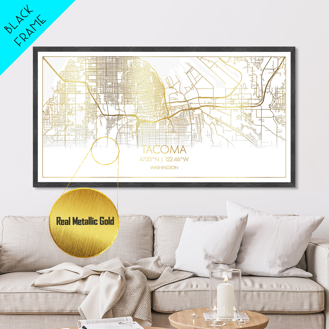 Tacoma Washington City Poster, Metallic Gold Art, Metal Art, real wood frames, black and gold, Street Map Wall Art, College Dorm Décor
