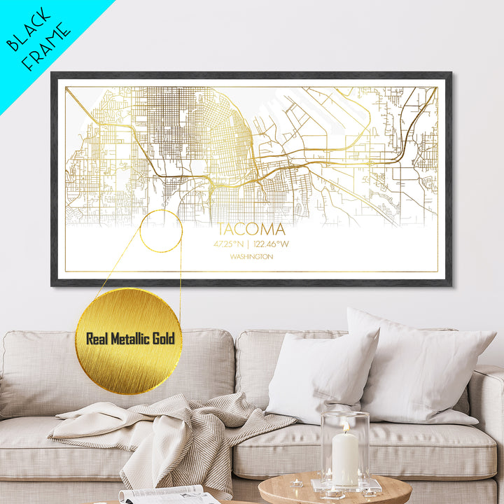 Tacoma Washington City Poster, Metallic Gold Art, Metal Art, real wood frames, black and gold, Street Map Wall Art, College Dorm Décor