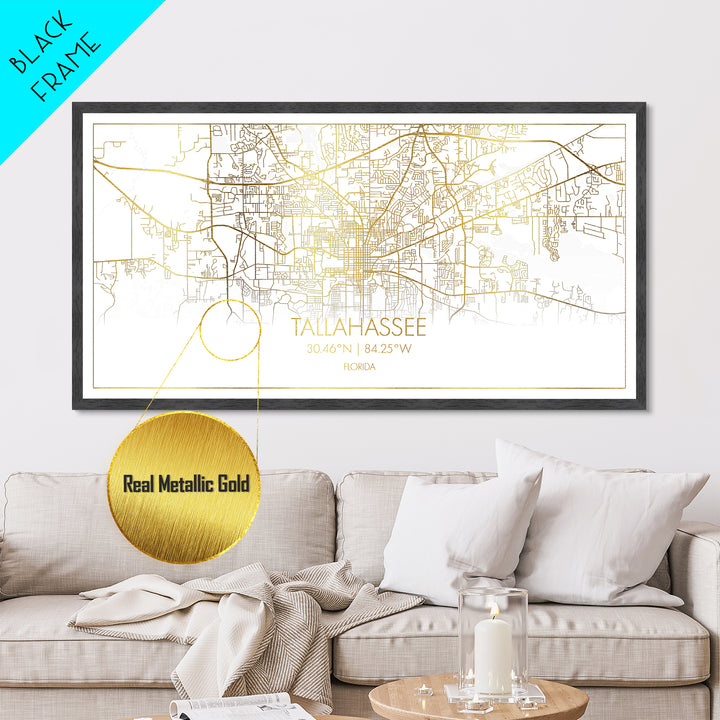 Tallahassee Florida City street map, Metallic Gold Print, Metal Art, wood framed map, black and gold, Street Map Art, Office Decor