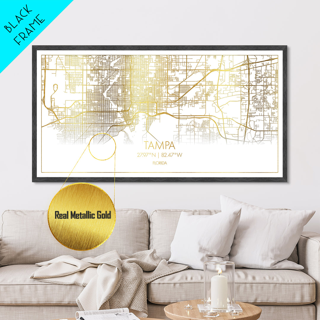 Tampa Florida City Poster, Metallic Gold Art, Metal Art, real wood frames, black and gold, Street Map Wall Art, Real Wood Frames