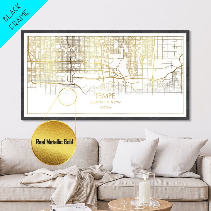 Tempe Arizona City street map, Metallic Gold Print, Metal Art, wood framed map, black and gold, Street Map Art, Modern Wall Art