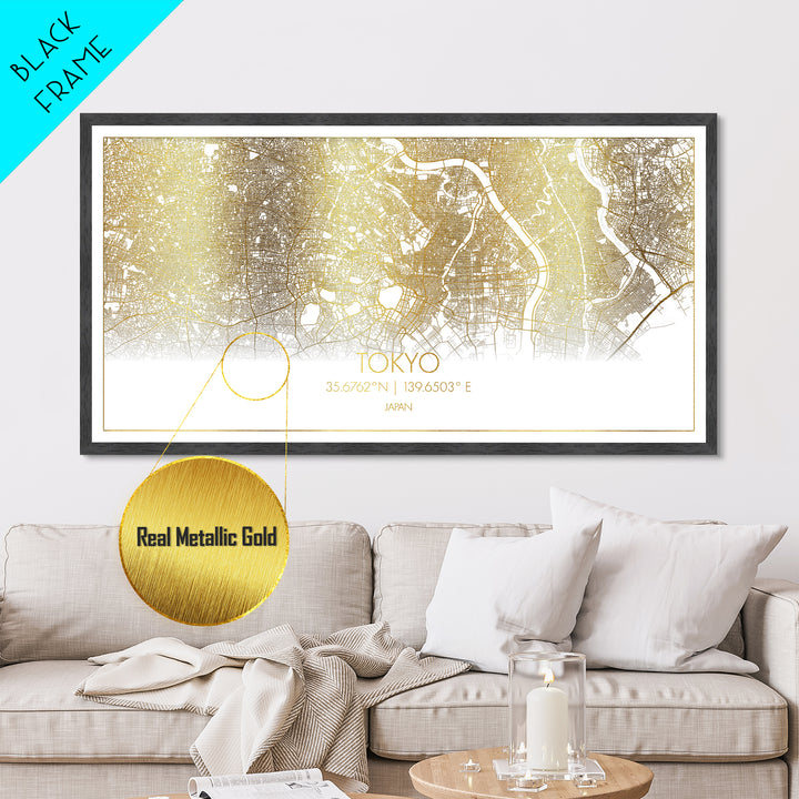 Tokyo Japan City Poster, Metallic Gold Art, Metal Art, real wood frames, black and gold, Street Map Wall Art, Minimalist Wall Art