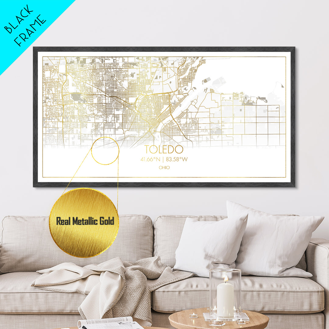 Toledo Ohio City Poster, Metallic Gold Art, Metal Art, real wood frames, black and gold, Street Map Wall Art, Real Wood Frames