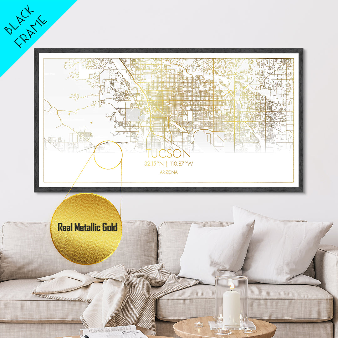 Tucson Arizona City street map, Metallic Gold Print, Metal Art, wood framed map, black and gold, Street Map Art, Housewarming Gift