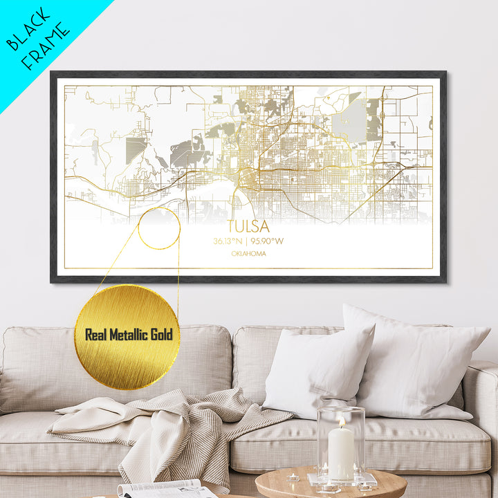 Tulsa Oklahoma City Poster, Metallic Gold Art, Metal Art, real wood frames, black and gold, Street Map Wall Art, Modern Wall Art