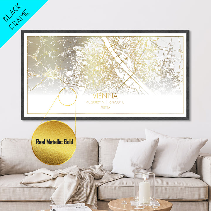 Vienna Austria City street map, Metallic Gold Print, Metal Art, wood framed map, black and gold, Street Map Art, Map Print Poster