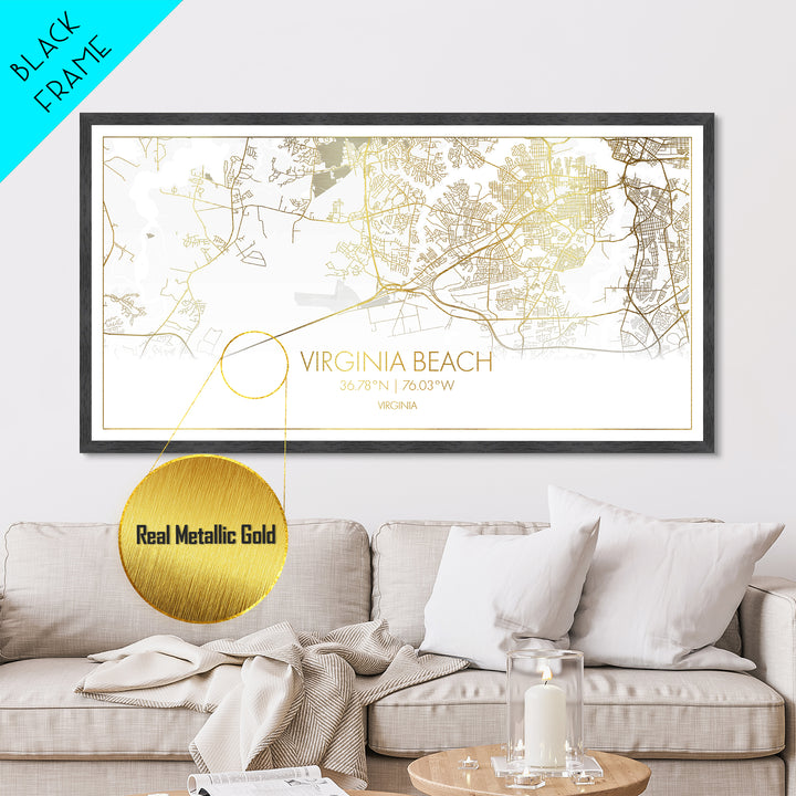 Virginia Beach Virginia City Poster, Metallic Gold Art, Metal Art, real wood frames, black and gold, Street Map Wall Art, Best Friend Gifts