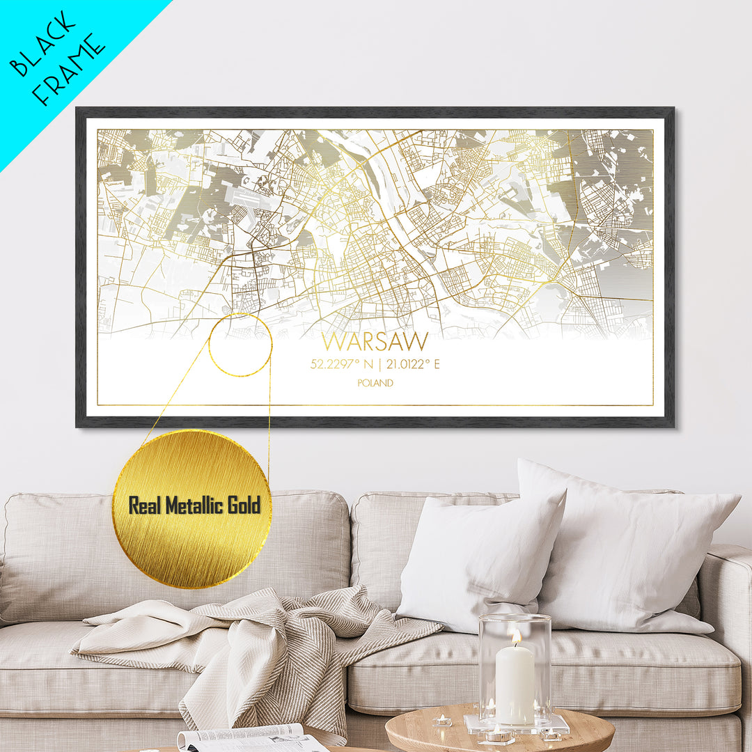 Warsaw Poland City street map, Metallic Gold Print, Metal Art, wood framed map, black and gold, Street Map Art, Real Wood Frames