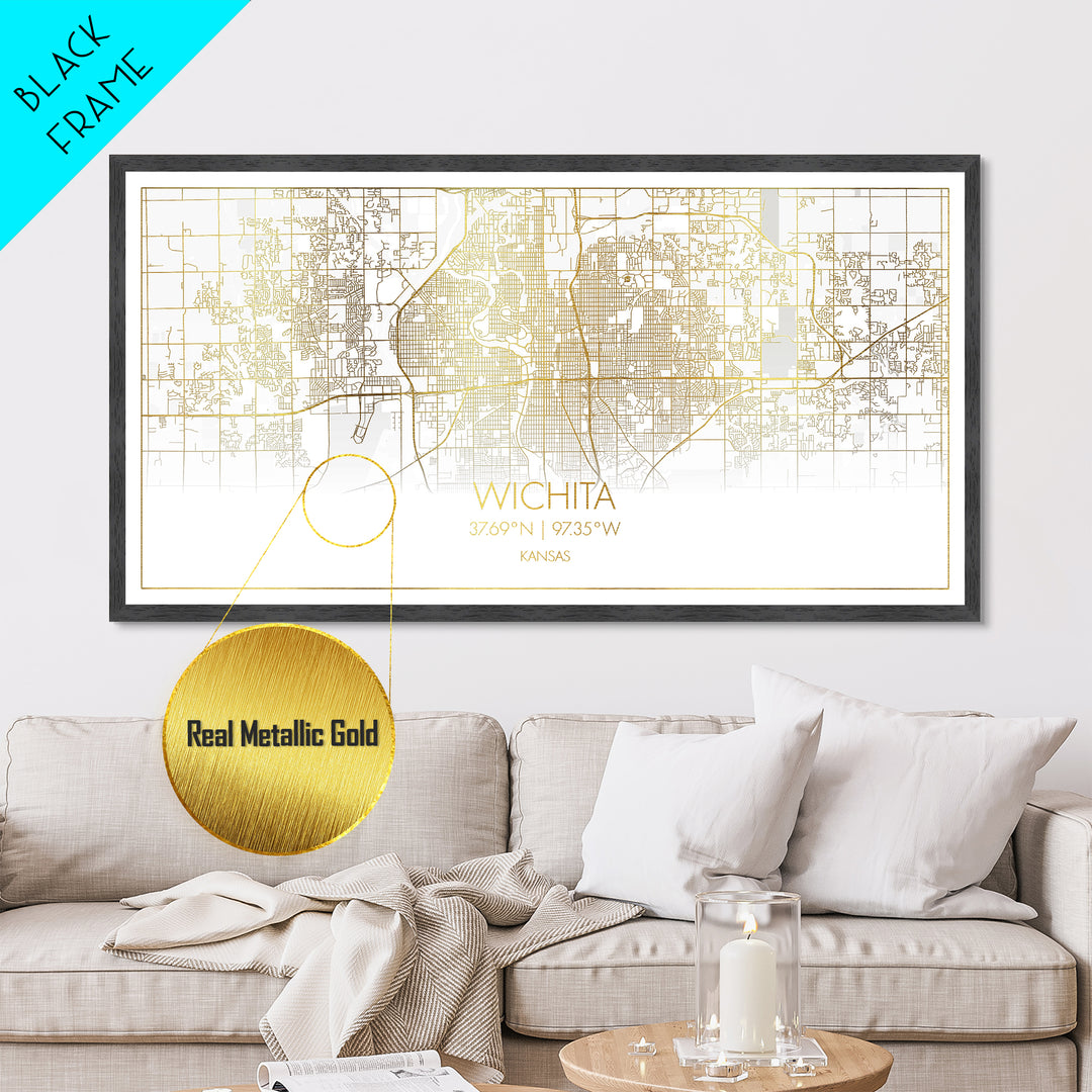 Wichita Kansas City street map, Metallic Gold Print, Metal Art, wood framed map, black and gold, Street Map Art, Minimalist Wall Art