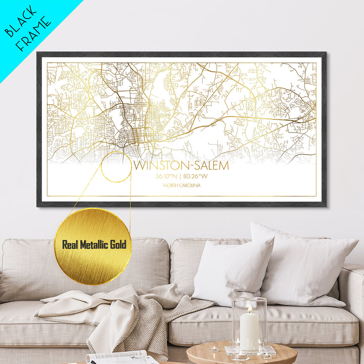 Winston Salem North Carolina City Poster, Metallic Gold Art, Metal Art, real wood frames, black and gold, Street Map Wall Art, Housewarming Gift