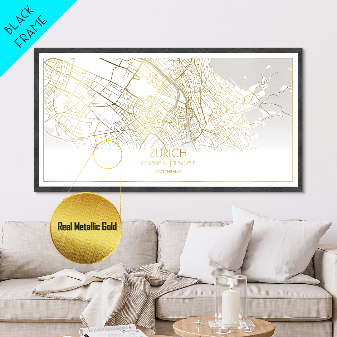 Zurich Switzerland City street map, Metallic Gold Print, Metal Art, wood framed map, black and gold, Street Map Art, Best Friend Gifts