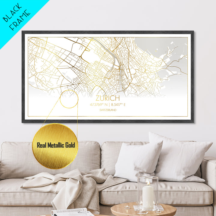 Zurich Switzerland City street map, Metallic Gold Print, Metal Art, wood framed map, black and gold, Street Map Art, Best Friend Gifts