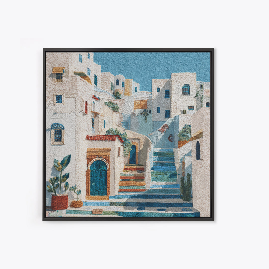 Greek Island White Buildings Above Blue Sea Framed Canvas Print, Mediterranean Art, Beach Wall Art, Living Room Decor, Azure, MAR-1x1-1