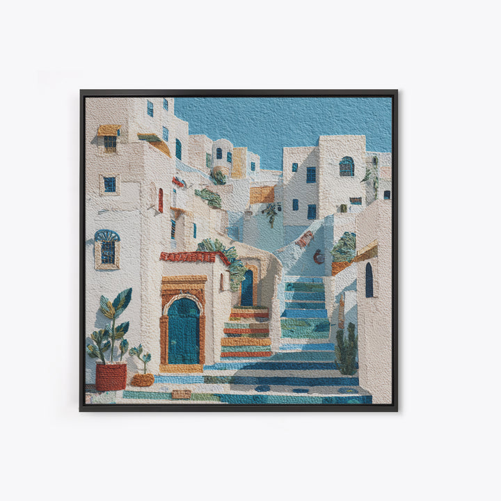 Greek Island White Buildings Above Blue Sea Framed Canvas Print, Mediterranean Art, Beach Wall Art, Living Room Decor, Azure, MAR-1x1-1