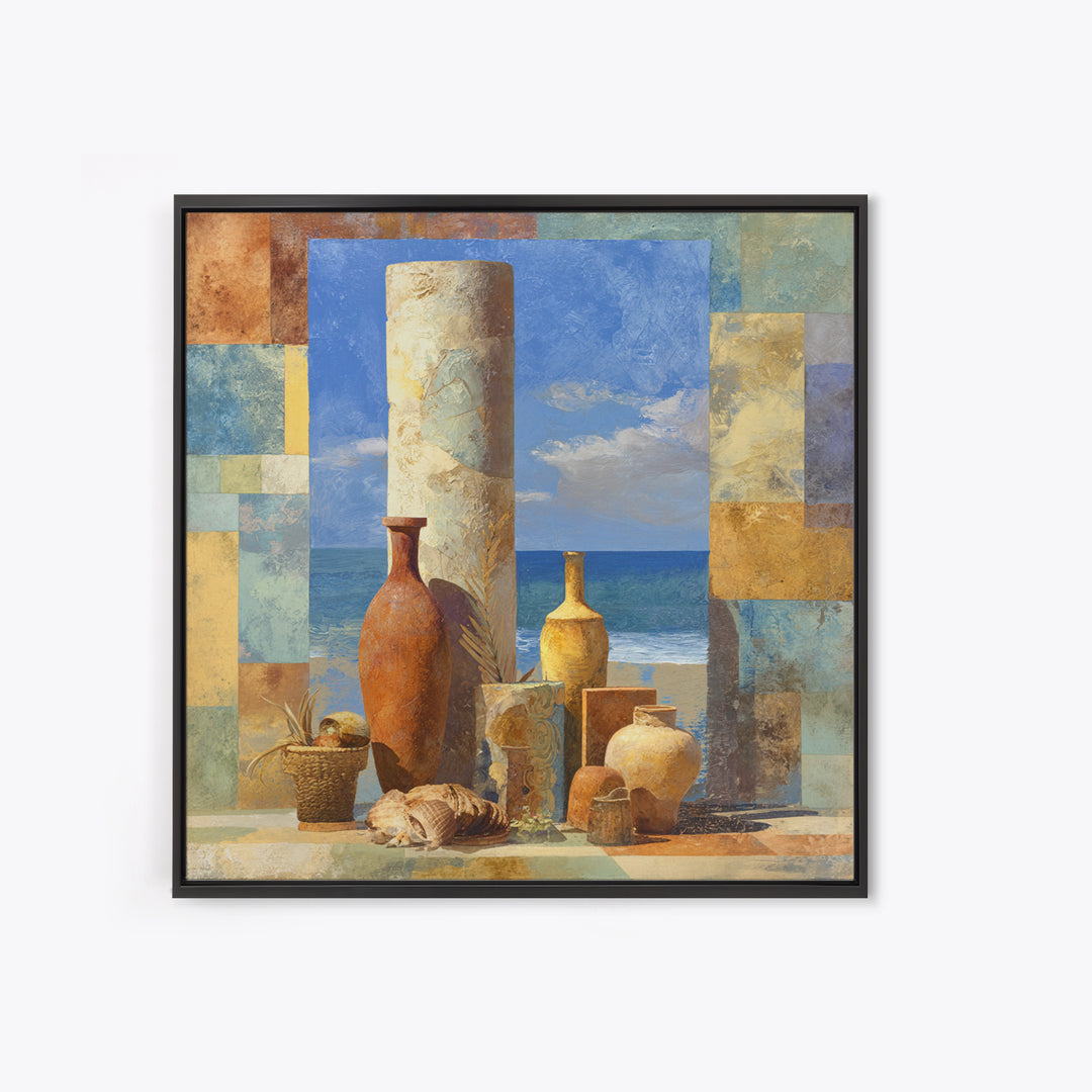 Ancient Column with Sea and Sky Beyond Framed Canvas Print, Mediterranean Art, Oil Painting, Living Room Decor, Fine Art, Azure, MAR-1x1-12