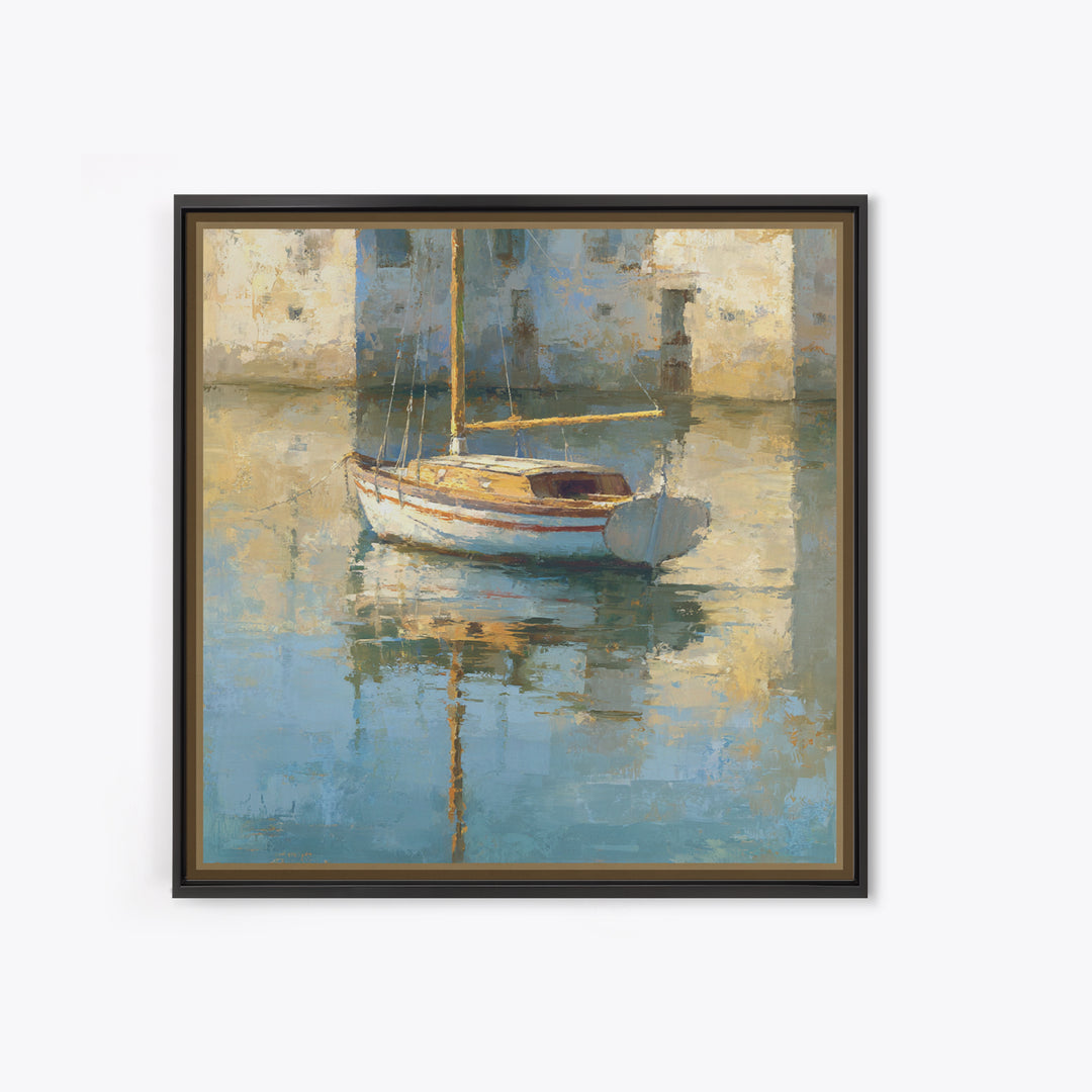 Mediterranean Sailboat on Glassy Water Canvas Print, Mediterranean Art, Watercolor Painting, Living Room Decor, Fine Art, Azure, MAR-1x1-18