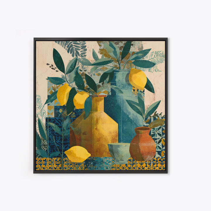 Olive Branch and Lemons on Terracotta Ground Canvas Print, Mediterranean Art, Minimalist Wall Art, Living Room Decor, Azure, MAR-1x1-26
