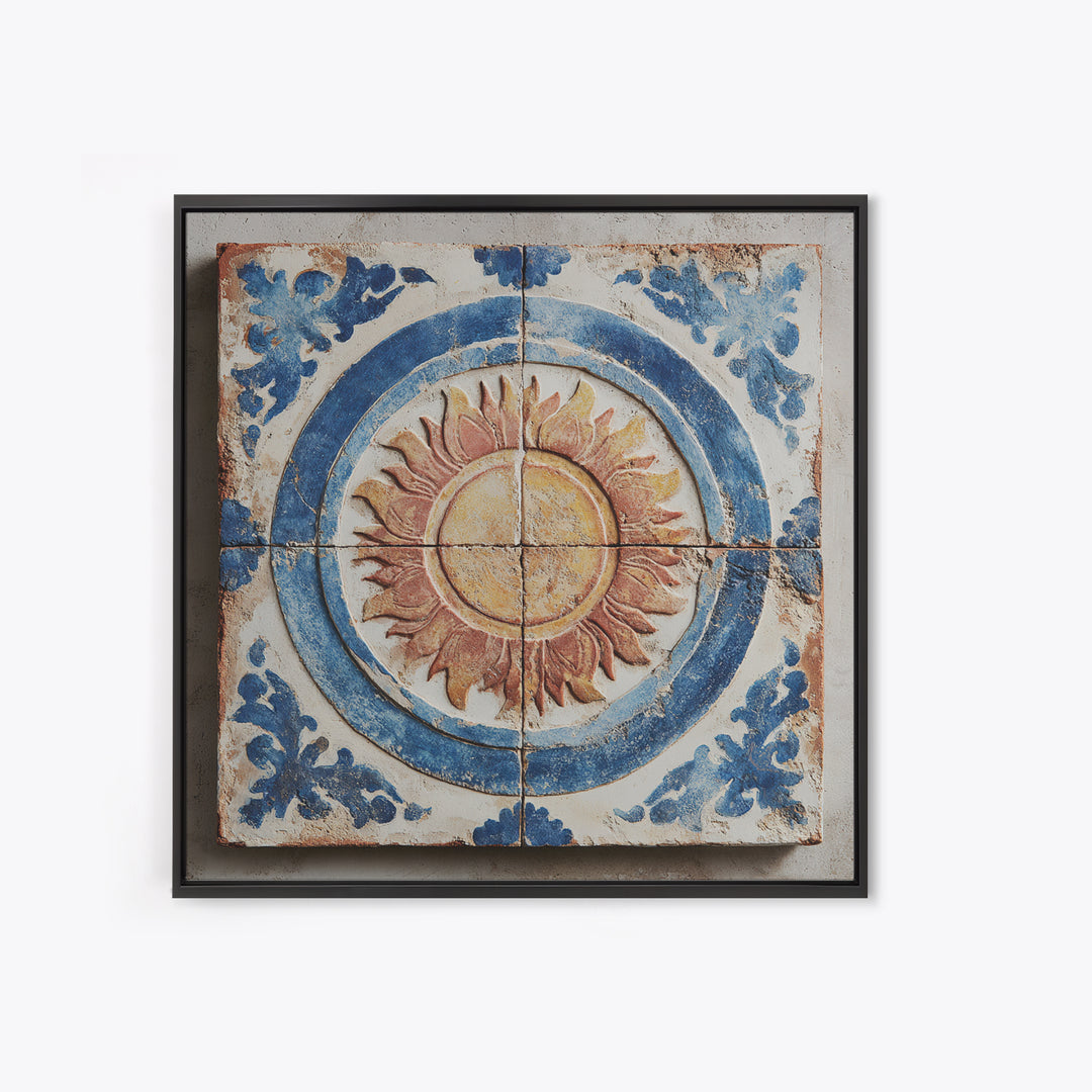 Blue and White Tile Pattern Framed Canvas Print, Mediterranean Art, Digital Print, Living Room Decor, Oil Painting, Azure, MAR-1x1-28