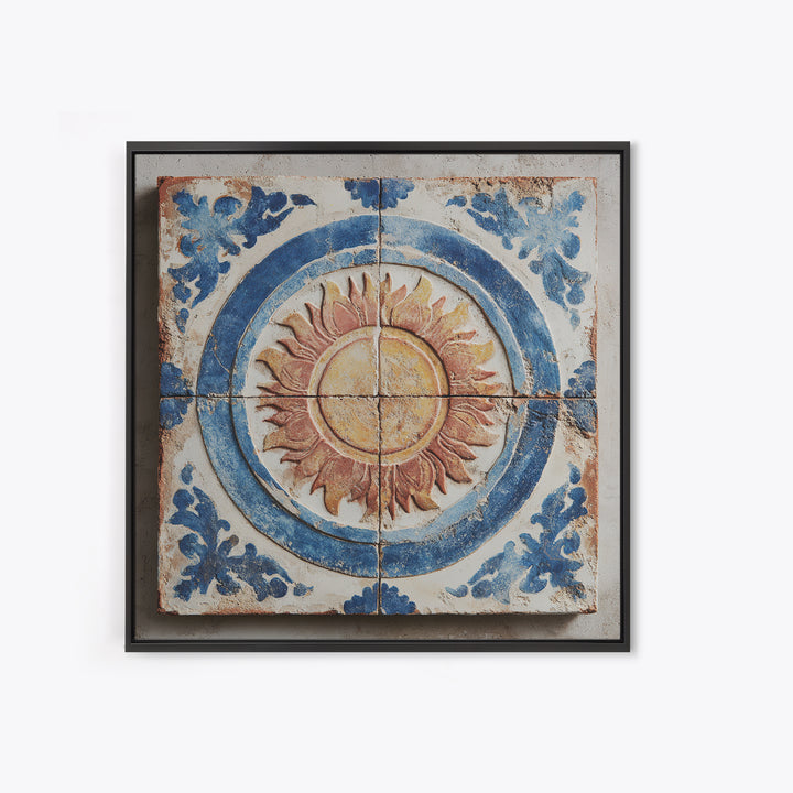 Blue and White Tile Pattern Framed Canvas Print, Mediterranean Art, Digital Print, Living Room Decor, Oil Painting, Azure, MAR-1x1-28
