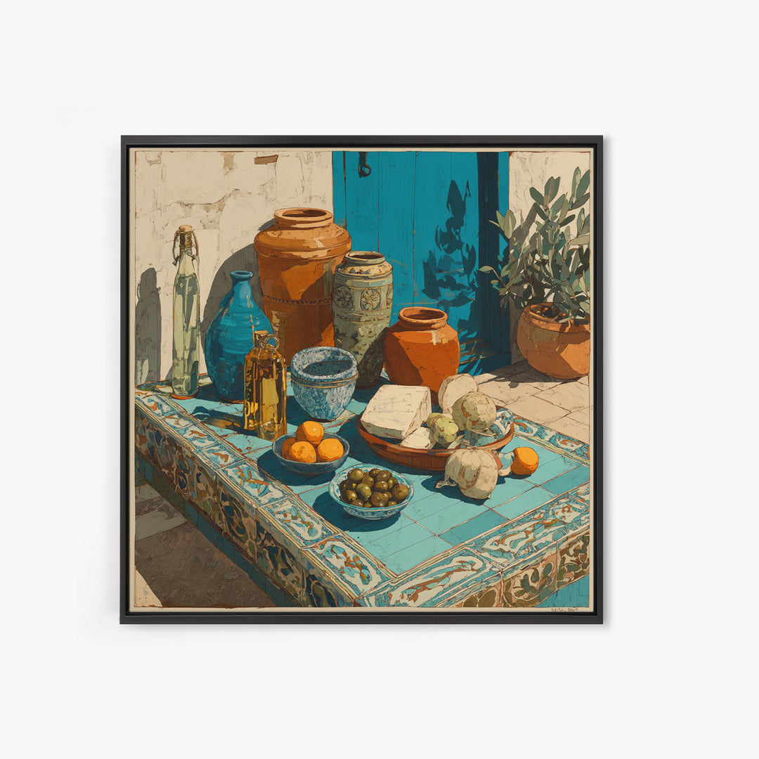 Figs Olives and Cheese Still Life Framed Canvas Print, Mediterranean Art, Gallery Decor, Living Room Decor, Fine Art, Azure, MAR-1x1-32