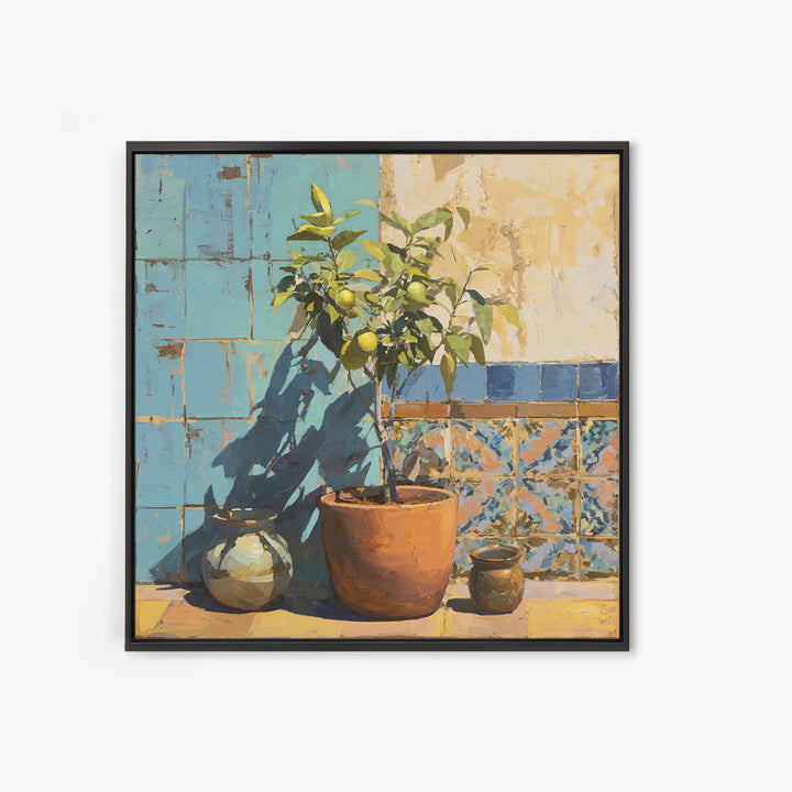 Citrus Tree in Clay Pot Framed Canvas Print, Mediterranean Art, Landscape Painting, Living Room Decor, Watercolor Art, Azure, MAR-1x1-34