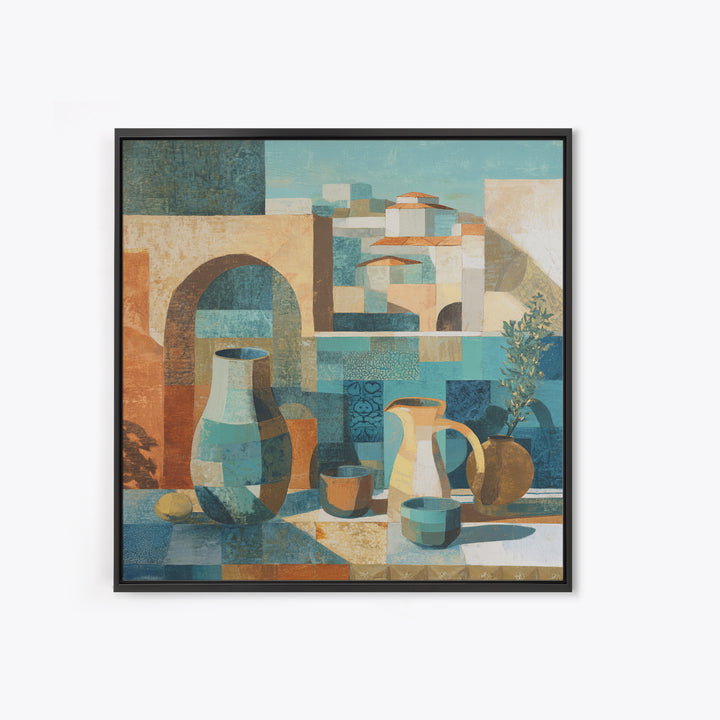Warm Terra Cotta Abstract Landscape Framed Canvas Print, Mediterranean Art, Coastal Art, Living Room Decor, Fine Art, Azure, MAR-1x1-38