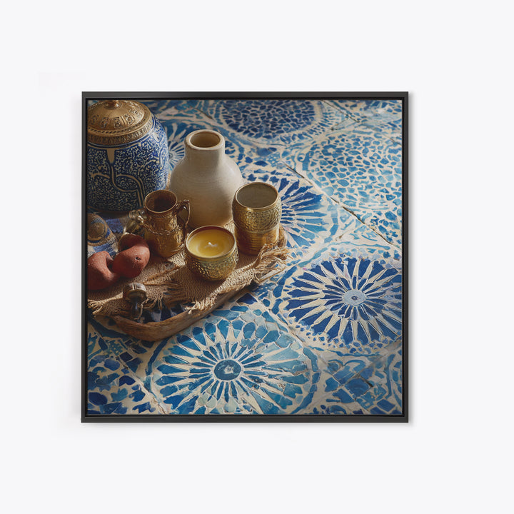 Blue and White Tile Pattern Canvas Print, Mediterranean Art, Printable Wall Art, Living Room Decor, Watercolor Art, Azure, MAR-1x1-4