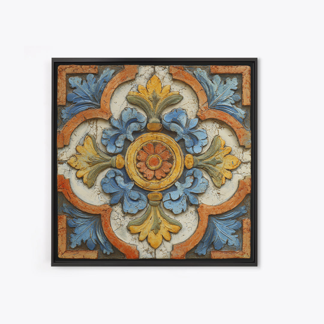 Spanish Tile Ornament Framed Canvas Print, Mediterranean Art, Luxury Decor, Living Room Decor, Fine Art, Azure, Framed Wall Art, MAR-1x1-40