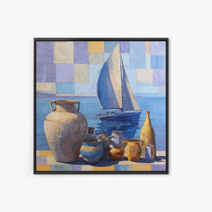 Mediterranean Sailboat on Glassy Water Framed Canvas Print, Mediterranean Art, Watercolor Art, Living Room Decor, Abstract Art, MAR-1x1-42