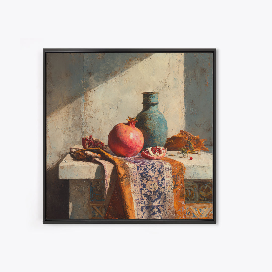 Pomegranate Still Life Framed Canvas Print, Mediterranean Art, Digital Art Prints, Living Room Decor, Oil Painting, Azure, MAR-1x1-43